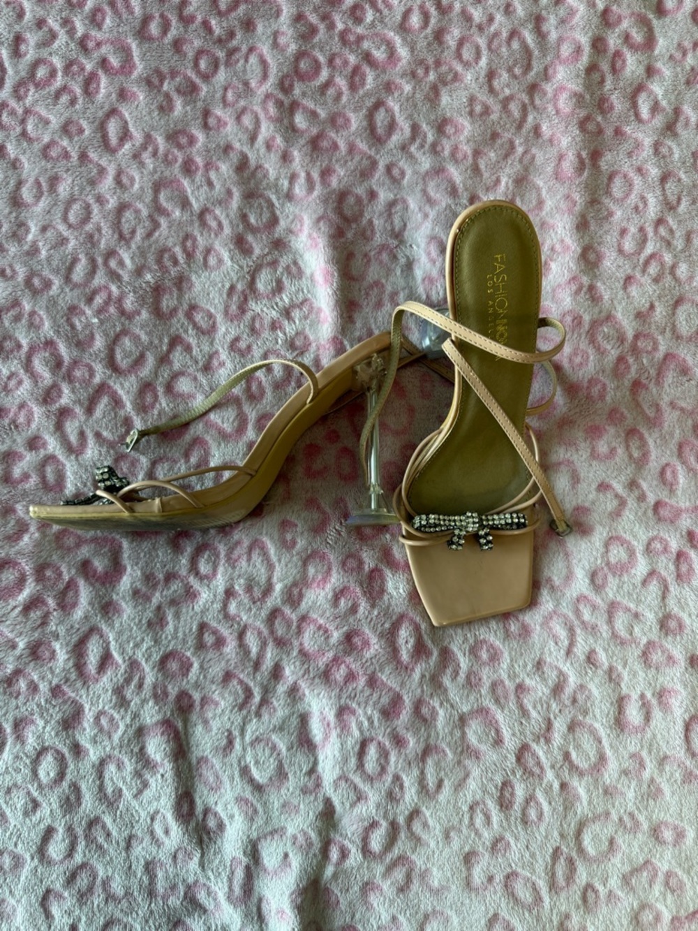 Fashion Nova Blush Nude Strappy Heels with Crystal Bow